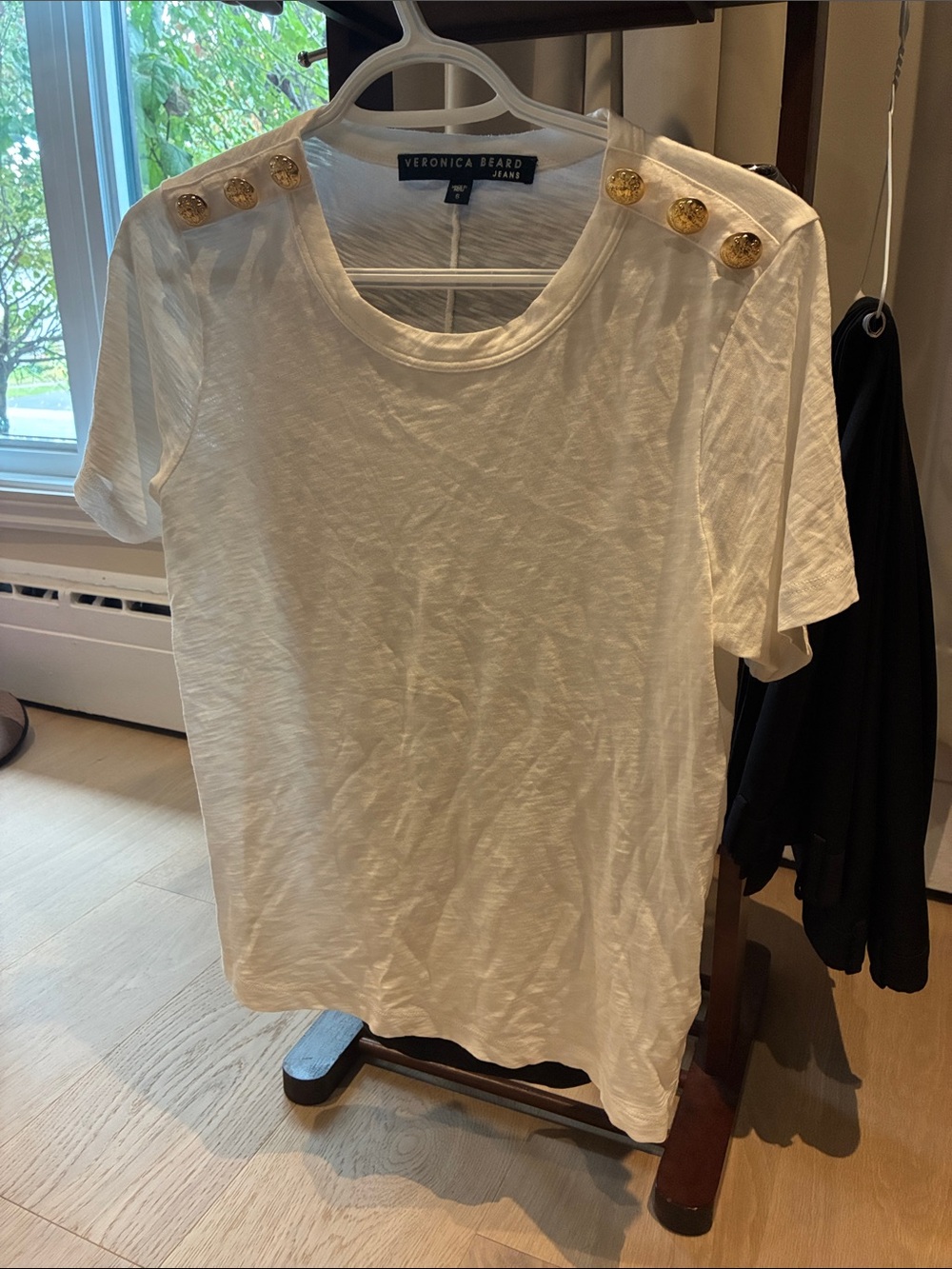 Veronica Beard White Short Sleeve Tee with Gold Shoulder Buttons